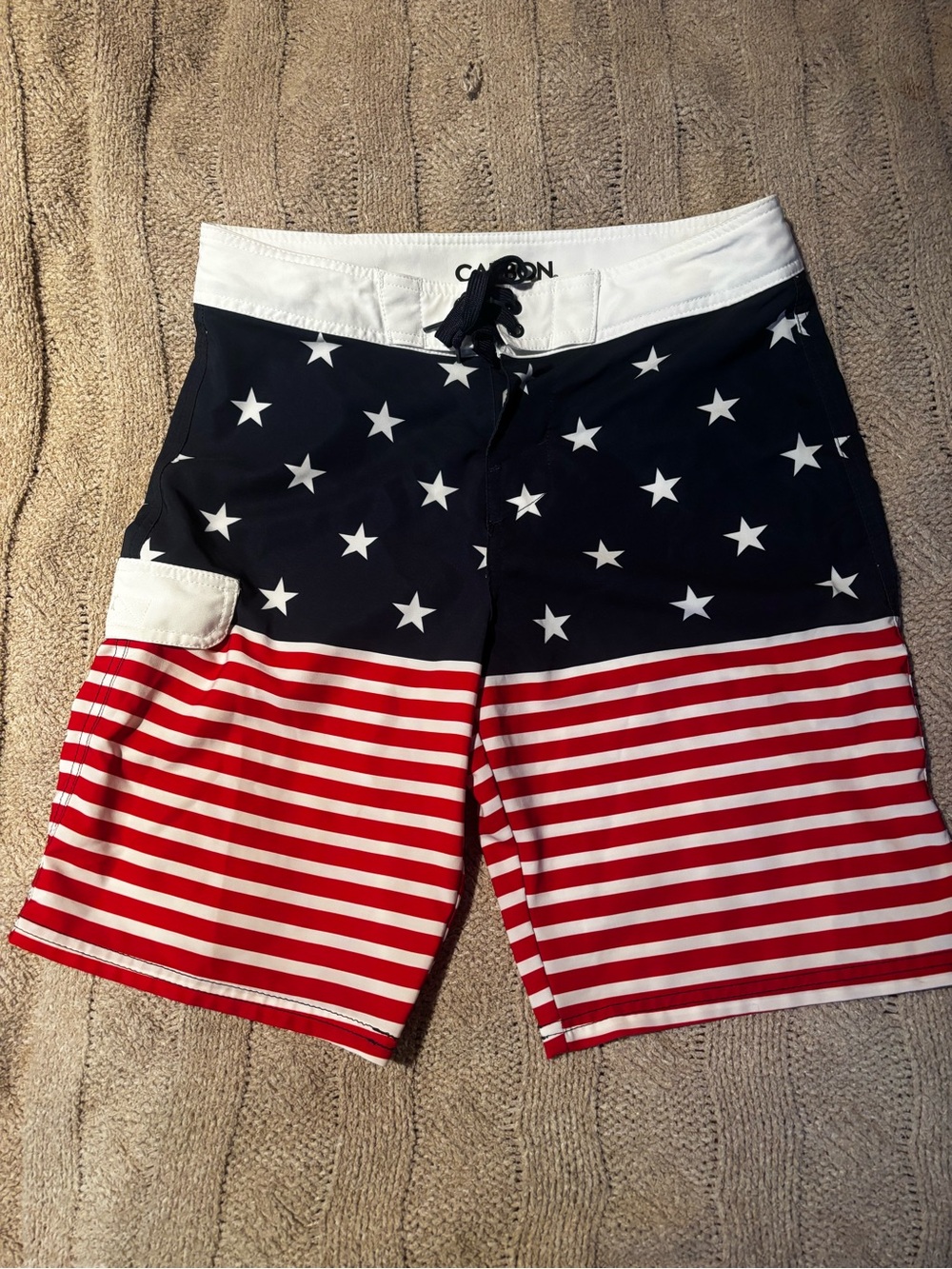 Men’s Carbon American Flag Swim Trunks Board Shorts Size 30 Patriotic USA